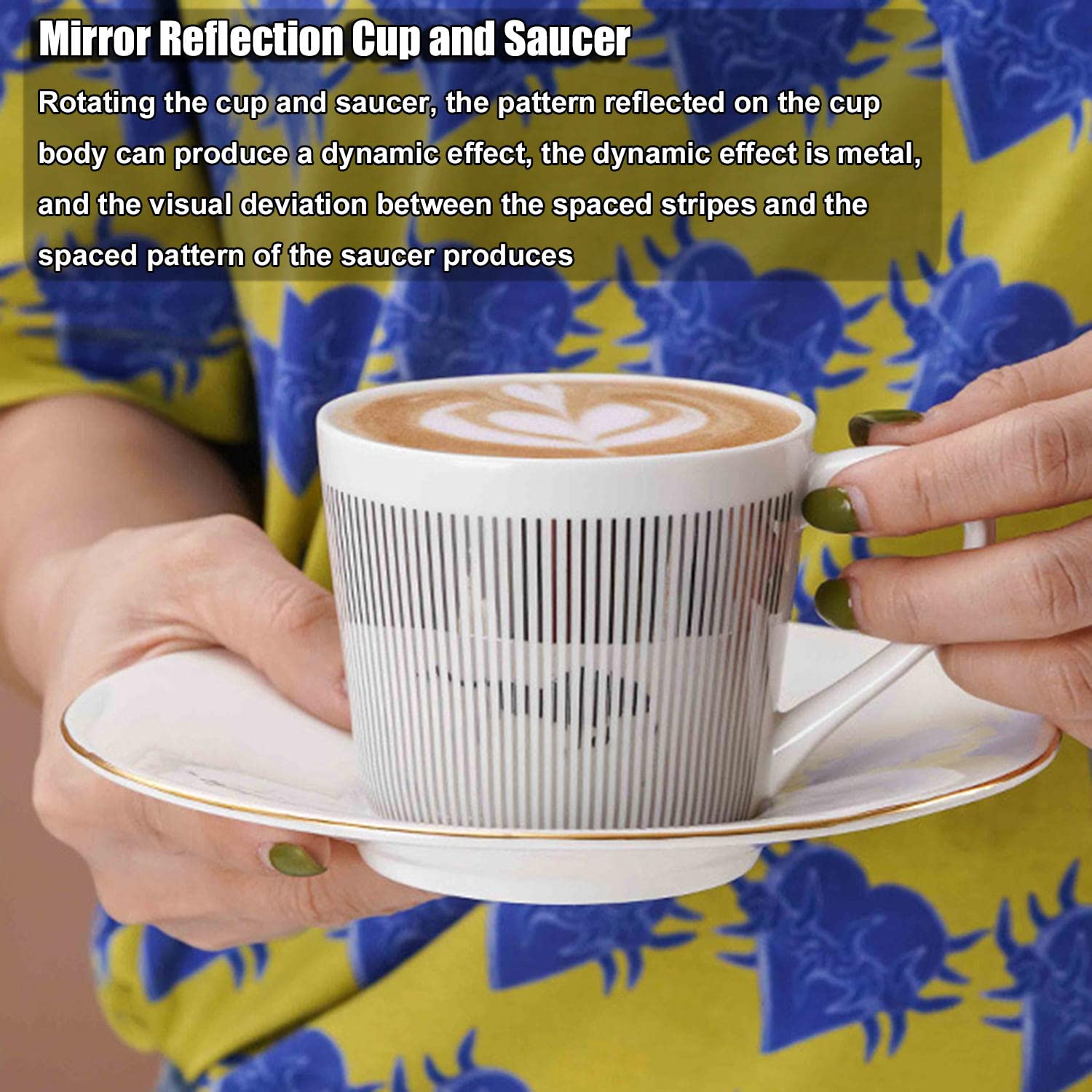 RUNLAIKEJI Mirror Reflection Cup and Saucer, 8 oz Mirror Coffee Cup, Illusion Cups, Anamorphic Cup and Saucer, Moving Reflection Coffee Cup, Reflection Coffee Cup, Ceramic Coffee Mug