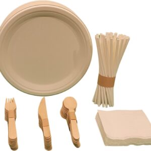 Sol-Eco Paper Plates compostable paper plates, biodegradeable paper plate sets Freezer Safe & Eco Friendly,wooden cutlery, paper napkins and cups