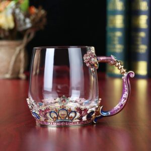 Coffee Mug Handmade Crown Enamel Clear Glass Coffee Mug with Handle, Unique Personalized Birthday Present Ideas for Women Grandma Mom Teachers Hot Beverages(Purple/10.8Oz)