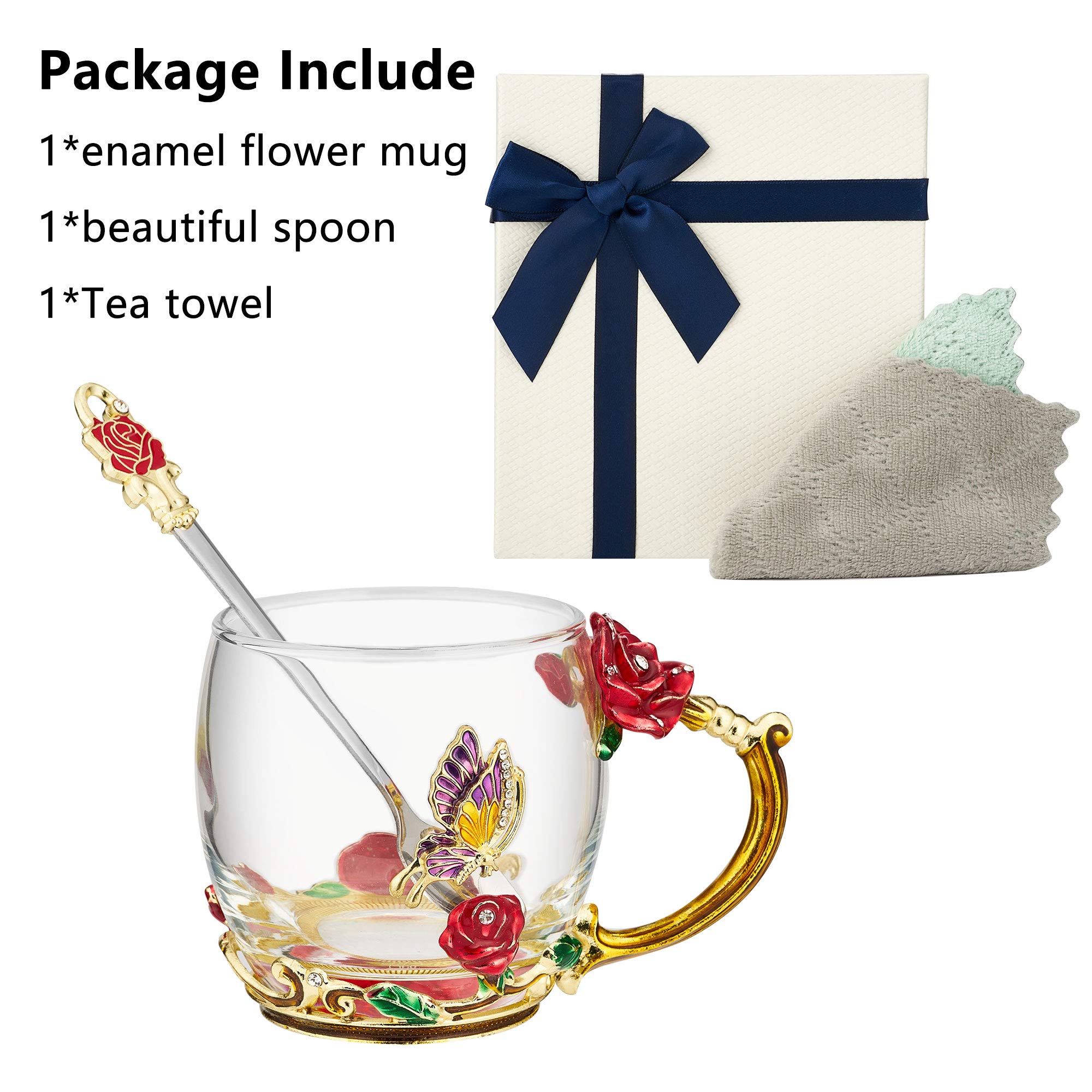 JLTPH Enamel Flower Glass Tea Cup, Clear Lead-Free Coffee Mugs with Spoon Cleaning Cloth, Tea Cup with Elaborate Handle for Women Birthday Valentines Wedding Day Mother's Day Gifts