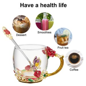 JLTPH Enamel Flower Glass Tea Cup, Clear Lead-Free Coffee Mugs with Spoon Cleaning Cloth, Tea Cup with Elaborate Handle for Women Birthday Valentines Wedding Day Mother's Day Gifts