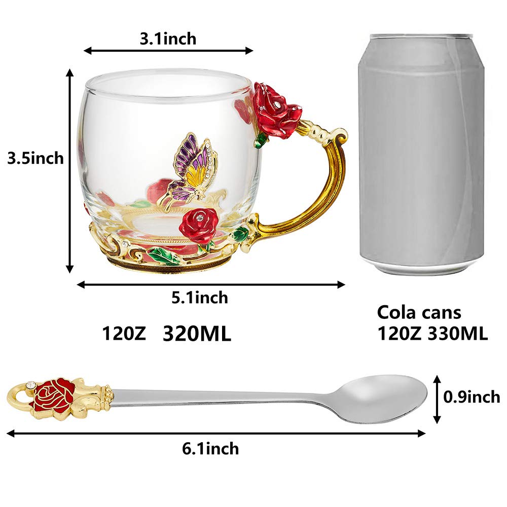 JLTPH Enamel Flower Glass Tea Cup, Clear Lead-Free Coffee Mugs with Spoon Cleaning Cloth, Tea Cup with Elaborate Handle for Women Birthday Valentines Wedding Day Mother's Day Gifts