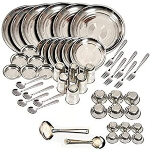 king international stainless steel dinnerware set of 50 pc, plate set, dishes, metal plates, camping plates set, dinner set, full quarter plate, curry dessert bowl, glass, spoon, fork, serving spoon