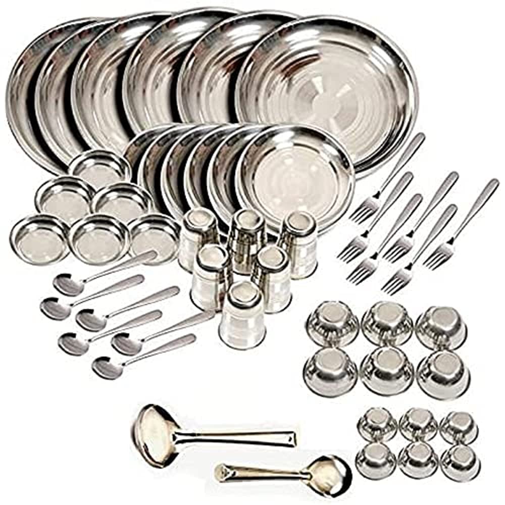 King International Stainless Steel Dinnerware set of 50 Pc, Plate set, Dishes, Metal Plates, Camping plates set, Dinner Set, Full Quarter Plate, Curry Dessert Bowl, Glass, Spoon, Fork, Serving Spoon