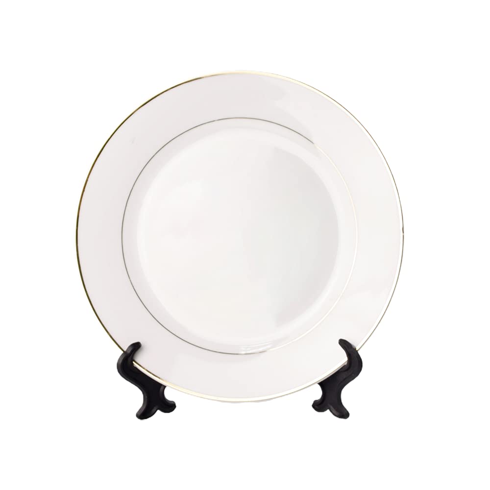 MR.R Set of 2 Sublimation Blanks White Ceramic Gold Rim Plate with Stand,Porcelain Plates, 8 inch Round Dessert or Salad Plate, Lead-Free, Safe in Microwave, Oven, and Freeze