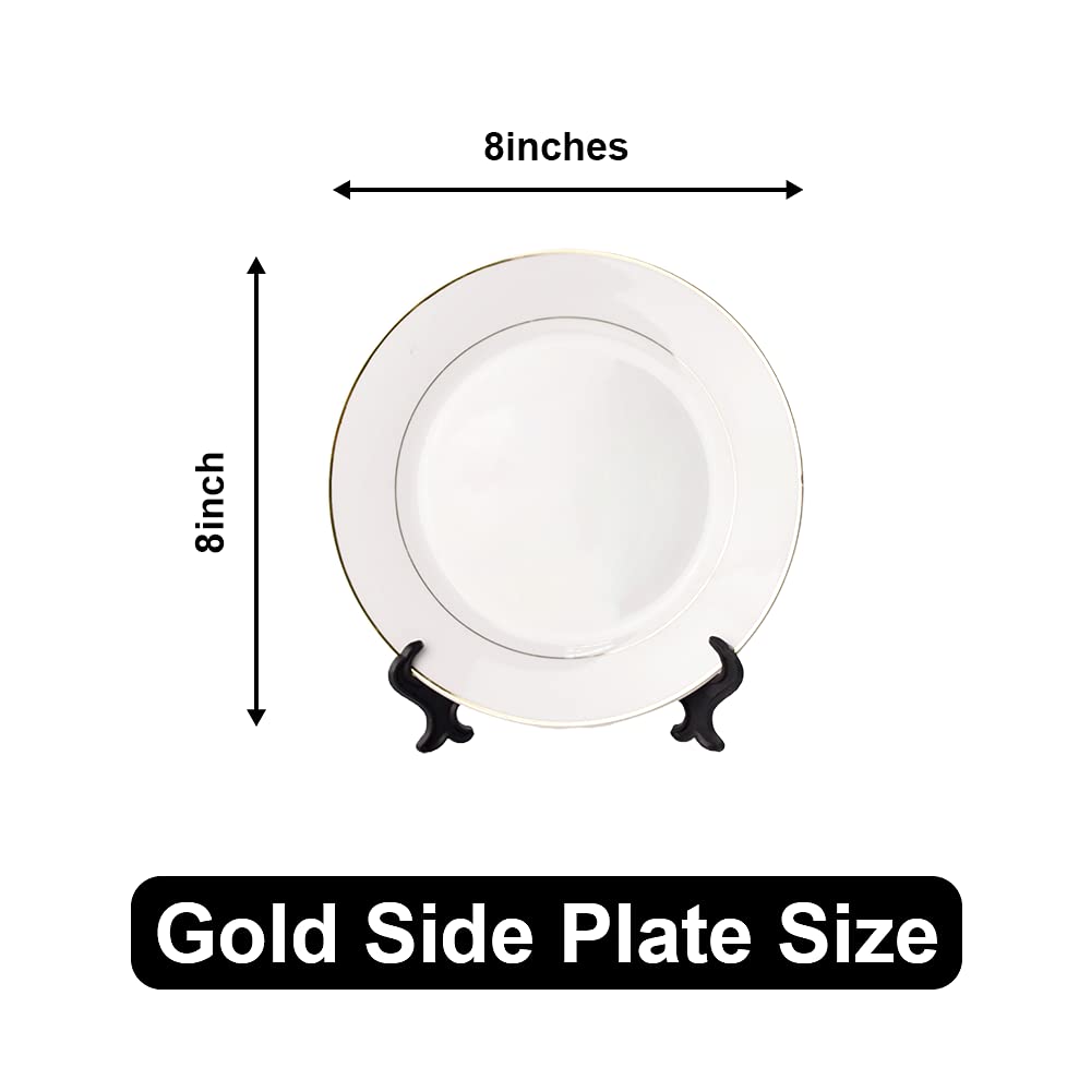 MR.R Set of 2 Sublimation Blanks White Ceramic Gold Rim Plate with Stand,Porcelain Plates, 8 inch Round Dessert or Salad Plate, Lead-Free, Safe in Microwave, Oven, and Freeze