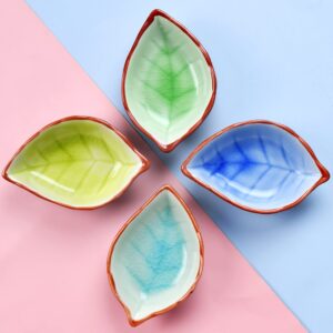 Worldity 4 Pack Assorted Color Charcuterie Bowls, Cute Leaf Shape Small Sauce Bowls, Sushi Plates and Soy Sauce Bowls for Sushi Appetizer, Oil, Vinegar, Ketchup, Paste Jam