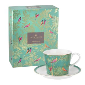 portmeirion sara miller london chelsea teacup and saucer, green | 8 oz cup for drinking tea and coffee | made from fine china with gold detail | handwash only
