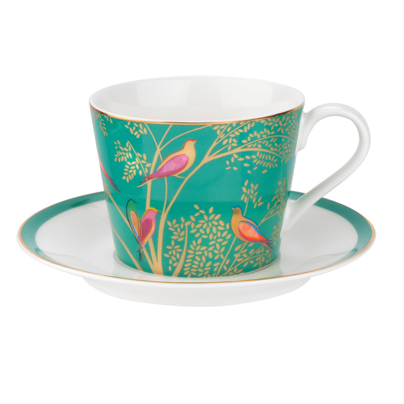 Portmeirion Sara Miller London Chelsea Teacup and Saucer, Green | 8 Oz Cup for Drinking Tea and Coffee | Made from Fine China with Gold Detail | Handwash Only