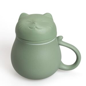 ceramic tea mug with infuser and lid cute lucky cat design coffee mug with lid ceramic tea cup with filter for steeping loose leaf (green)