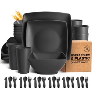 teivio 24-piece with flatware kitchen plastic wheat straw square dinnerware set, service for 6, dinner plates, dessert plate, cereal bowls, cups, unbreakable plastic outdoor camping dishes, black