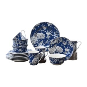 222 fifth adelaide 16-piece porcelain dinnerware set with round plates, bowls, and mugs, dark blue