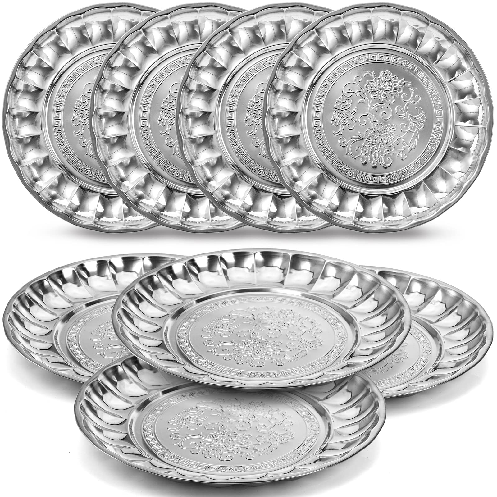 DEAYOU 8 Pack Stainless Steel Round Plates, 12" Large Dinner Plate for Eating, Kids, Stainless Steel Charger Plate, Vintage Feeding Serving Camping Plate Dish for Fruit, BBQ, Flower Pattern