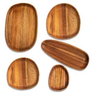 meleles acacia wood dinner plates,wooden trays sets of 5,easy cleaning & lightweight for snacks,desserts,fruit,salads,unbreakable oval charger plates for housewarmings,christmas gifts
