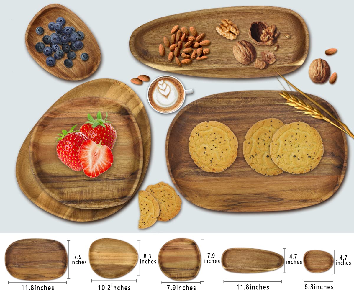 MELELES Acacia Wood Dinner Plates,Wooden Trays Sets of 5,Easy Cleaning & Lightweight for Snacks,Desserts,Fruit,Salads,Unbreakable Oval Charger Plates for Housewarmings,Christmas Gifts