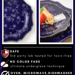 KUNABOO Artisanal Small Ceramic Plates, Salad Plates, Dessert Plates Ceramic Plates Set of 6-7.8” - Sakura Floral Series Midnight Blue - Ready to Wrap Gift