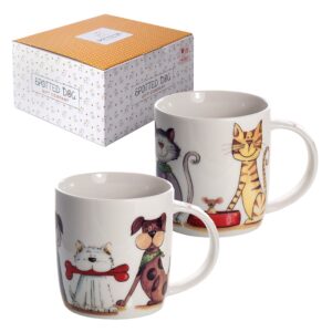 spotted dog gift company dog and cat coffee mug set, 12 oz cute mugs ceramic porcelain china coffee tea cups, animal themed gifts for cat lovers and dog lovers women men, set of 2