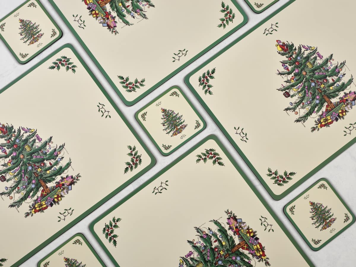 Pimpernel Christmas Tree Collection Placemats | Set of 4 | Heat Resistant Mats | Cork-Backed Board | Hard Placemat Set for Dining Table | Measures 15.7” x 11.7” Green