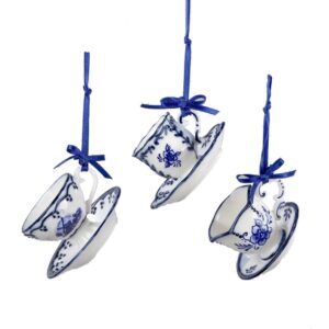 kurt adler j0651 2" porcelain delft blue cup and saucer ornament set of 3