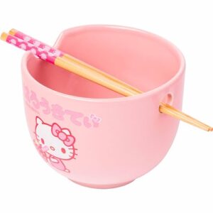 silver buffalo sanrio hello kitty strawberry milk japanese character ceramic ramen rice bowl with chopsticks, 20 ounces, pink