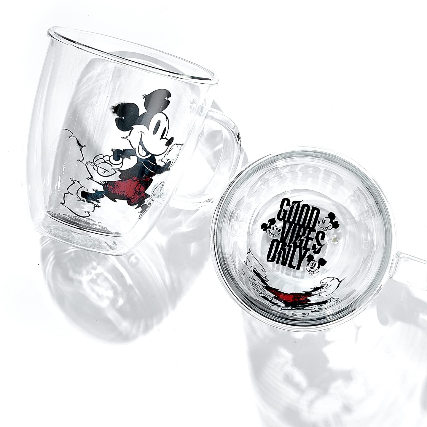 JoyJolt Mickey Mouse 13.5oz Glass Cups Set. 2 Insulated Double Wall Glass Coffee Cups, Insulated Coffee Cup Set. Unique Coffee Mugs, Large Espresso Cups. Disney Cups and Disney Mugs.