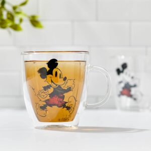 JoyJolt Mickey Mouse 13.5oz Glass Cups Set. 2 Insulated Double Wall Glass Coffee Cups, Insulated Coffee Cup Set. Unique Coffee Mugs, Large Espresso Cups. Disney Cups and Disney Mugs.