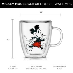 JoyJolt Mickey Mouse 13.5oz Glass Cups Set. 2 Insulated Double Wall Glass Coffee Cups, Insulated Coffee Cup Set. Unique Coffee Mugs, Large Espresso Cups. Disney Cups and Disney Mugs.