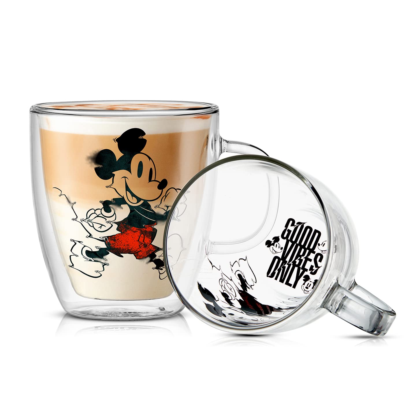 JoyJolt Mickey Mouse 13.5oz Glass Cups Set. 2 Insulated Double Wall Glass Coffee Cups, Insulated Coffee Cup Set. Unique Coffee Mugs, Large Espresso Cups. Disney Cups and Disney Mugs.