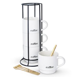 lareina porcelain stackable coffee mug set with rack and spoons, 15 ounce cappuccino cup set of 4 for specialty coffee drinks and tea - white