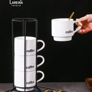 Lareina Porcelain Stackable Coffee Mug Set With Rack and Spoons, 15 Ounce Cappuccino Cup Set of 4 for Specialty Coffee Drinks and Tea - White