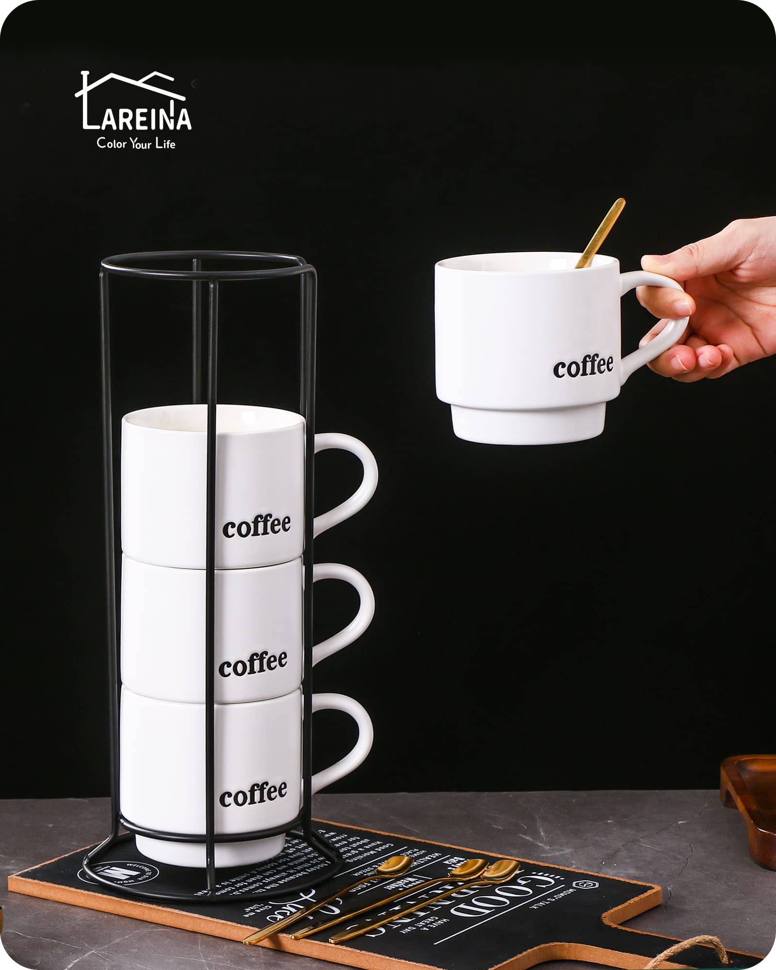 Lareina Porcelain Stackable Coffee Mug Set With Rack and Spoons, 15 Ounce Cappuccino Cup Set of 4 for Specialty Coffee Drinks and Tea - White