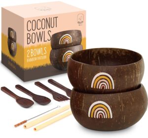 coconut bowls set of 2 – rainbow design wooden bowls with bamboo straws, wooden forks & 2 spoons – natural hand carved coconut shell bowl… (2, rainbow)