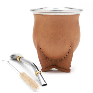balibetov leather wrapped handmade yerba mate gourd (mate cup) with bombilla (yerba mate straw) (natural)