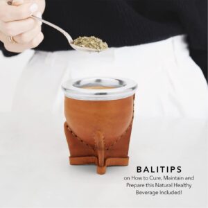 BALIBETOV Leather Wrapped Handmade Yerba Mate Gourd (Mate cup) with Bombilla (Yerba Mate straw) (Natural)