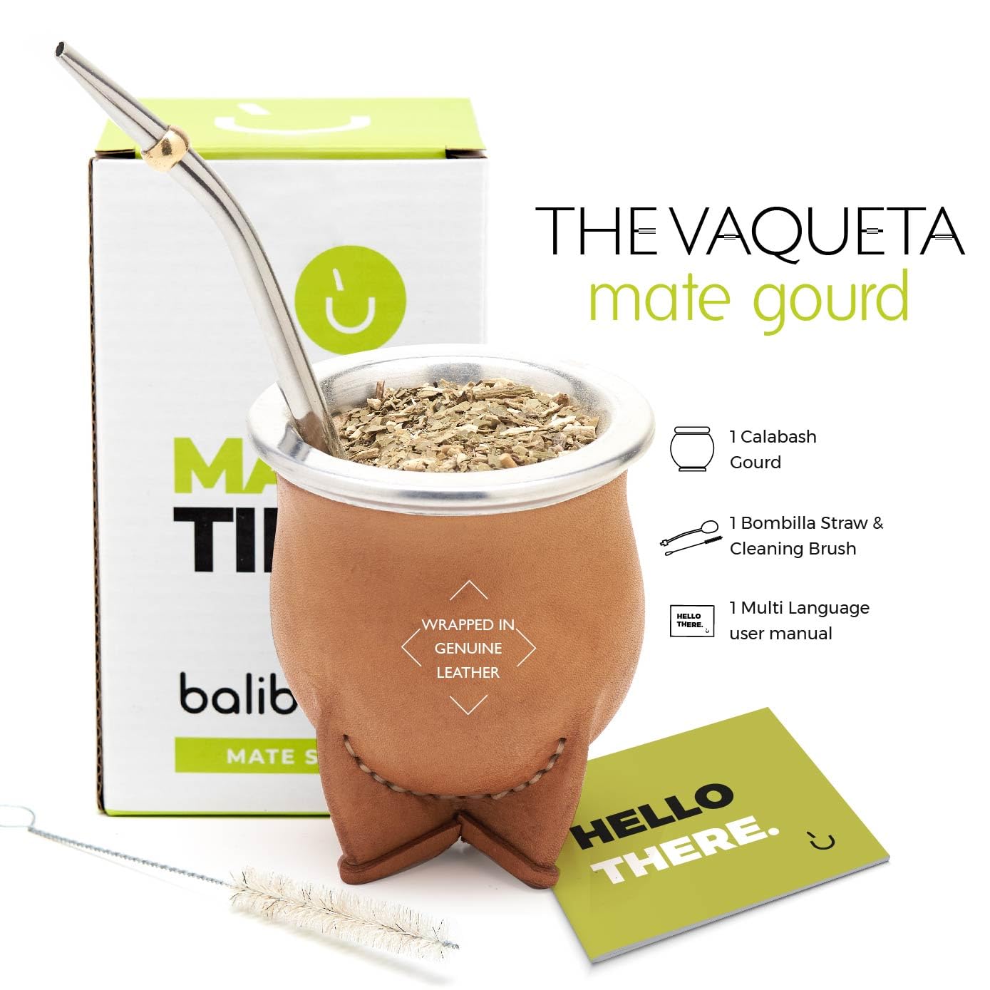 BALIBETOV Leather Wrapped Handmade Yerba Mate Gourd (Mate cup) with Bombilla (Yerba Mate straw) (Natural)