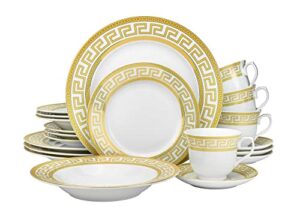 euro porcelain vintage gold 20 piece dinnerware dish serving set 'greek key gold' - hq fine china tableware service for 4