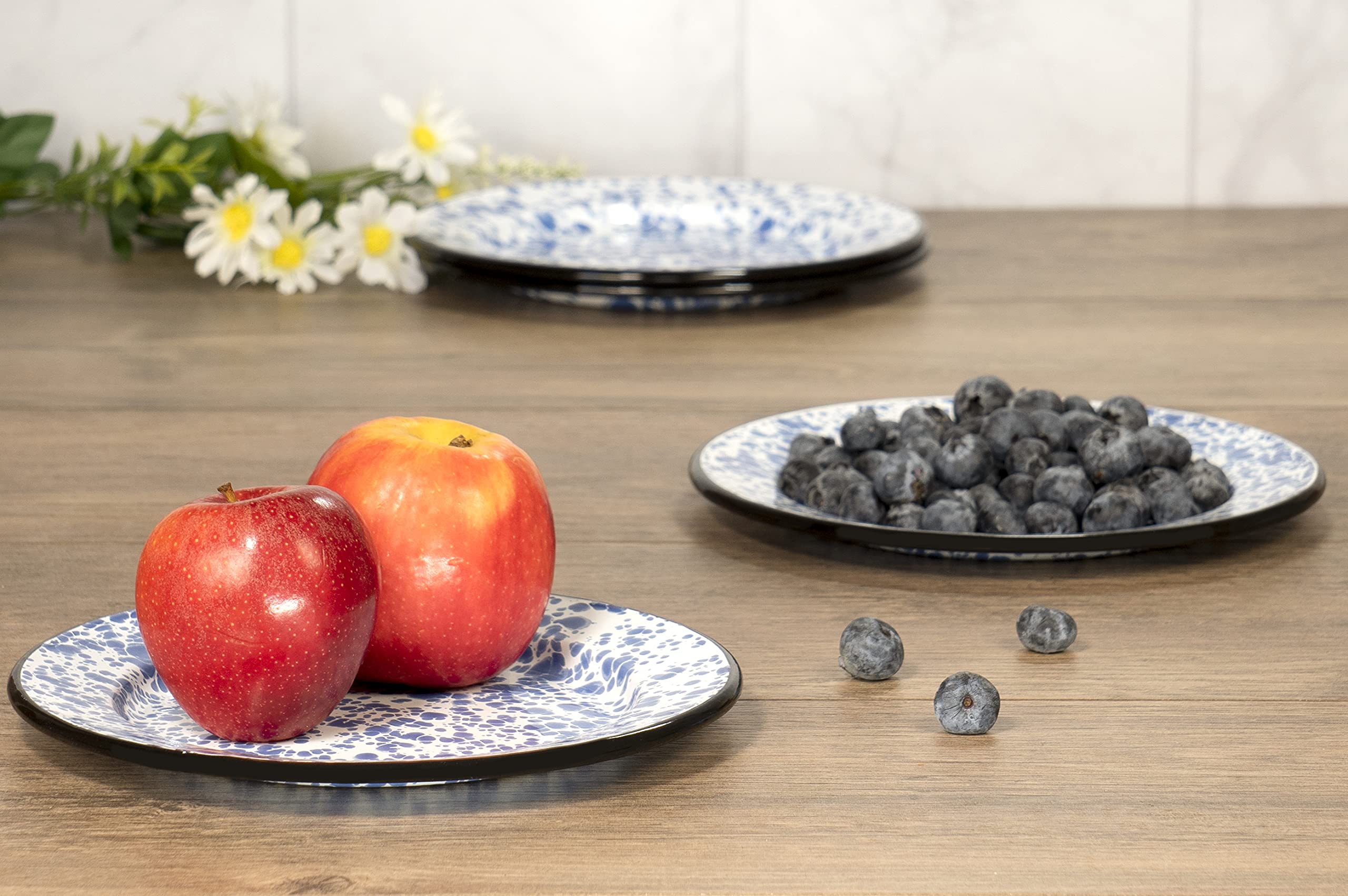 Red Co. Set of 4 Enamelware Metal Classic 8" Round Salad Plate, Navy Blue Marble/Black Rim - Splatter Design