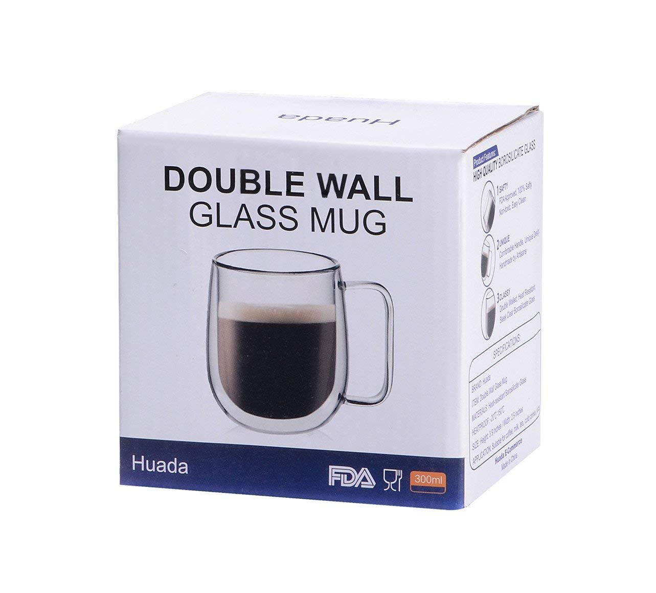 Huada Double Wall Insulated Borosilicate Glass Mugs Modern Espresso Cups, 10-Ounce, Set of 2