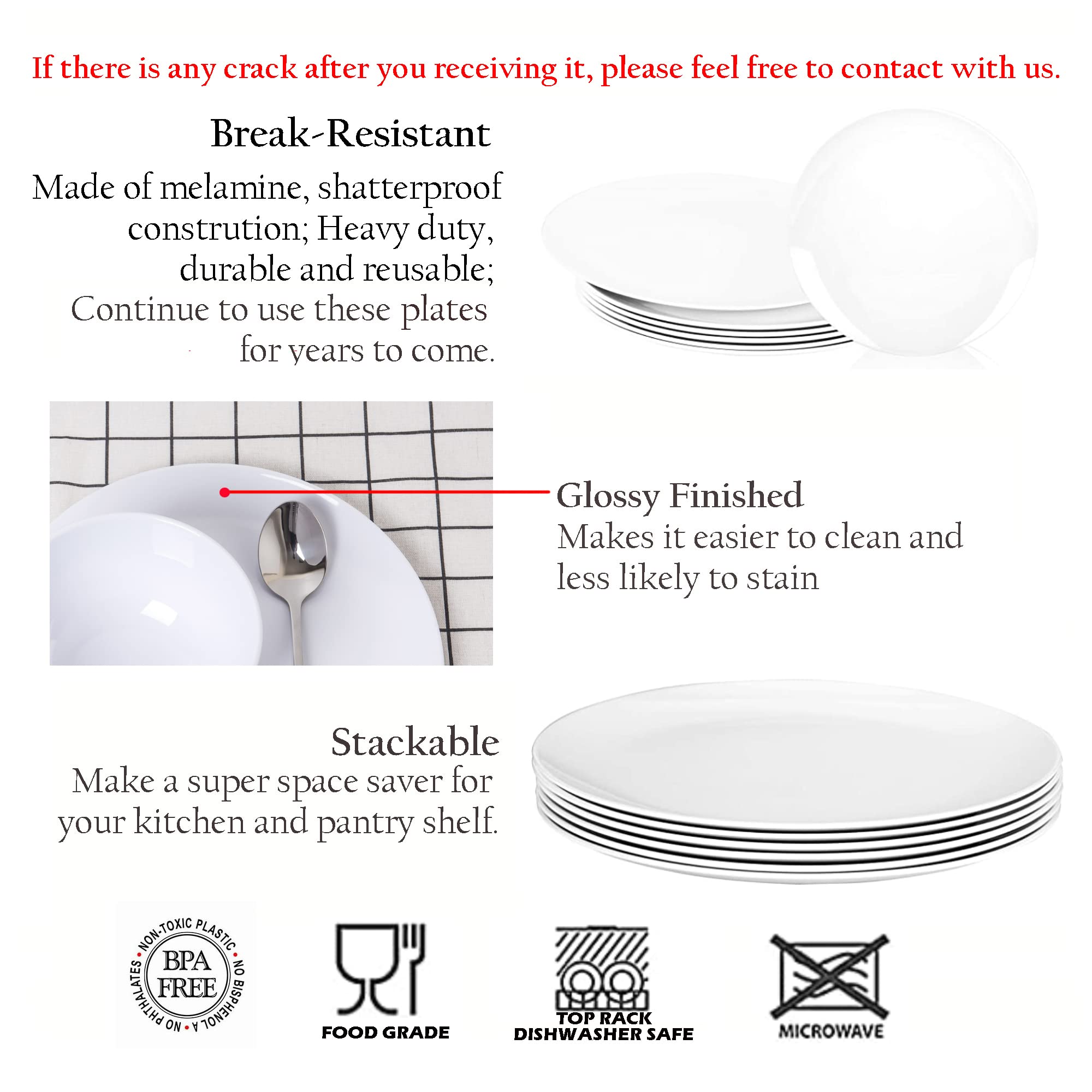 KOXIN-KARLU Melamine Plates, 10.5-inch Dinner Plates Dinnerware Dish, set of 6 White | 100% Melamine, Dishwasher Safe, BPA Free