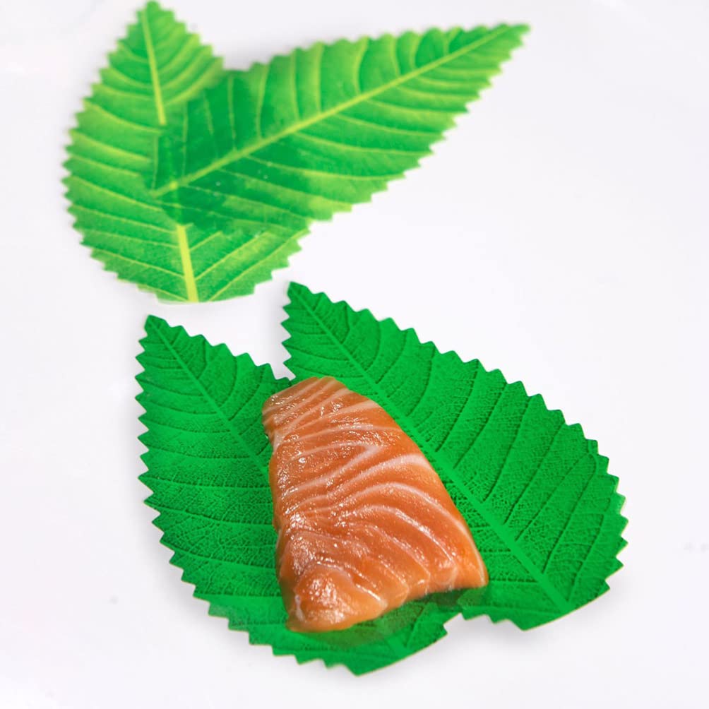 Operitacx 200pcs Artificial Leaf Sushi Plate Decoration Fake Green Leaves Sashimi Serving Tray Sushi Dish Platter Ornaments for Japanese Restaurant Decor