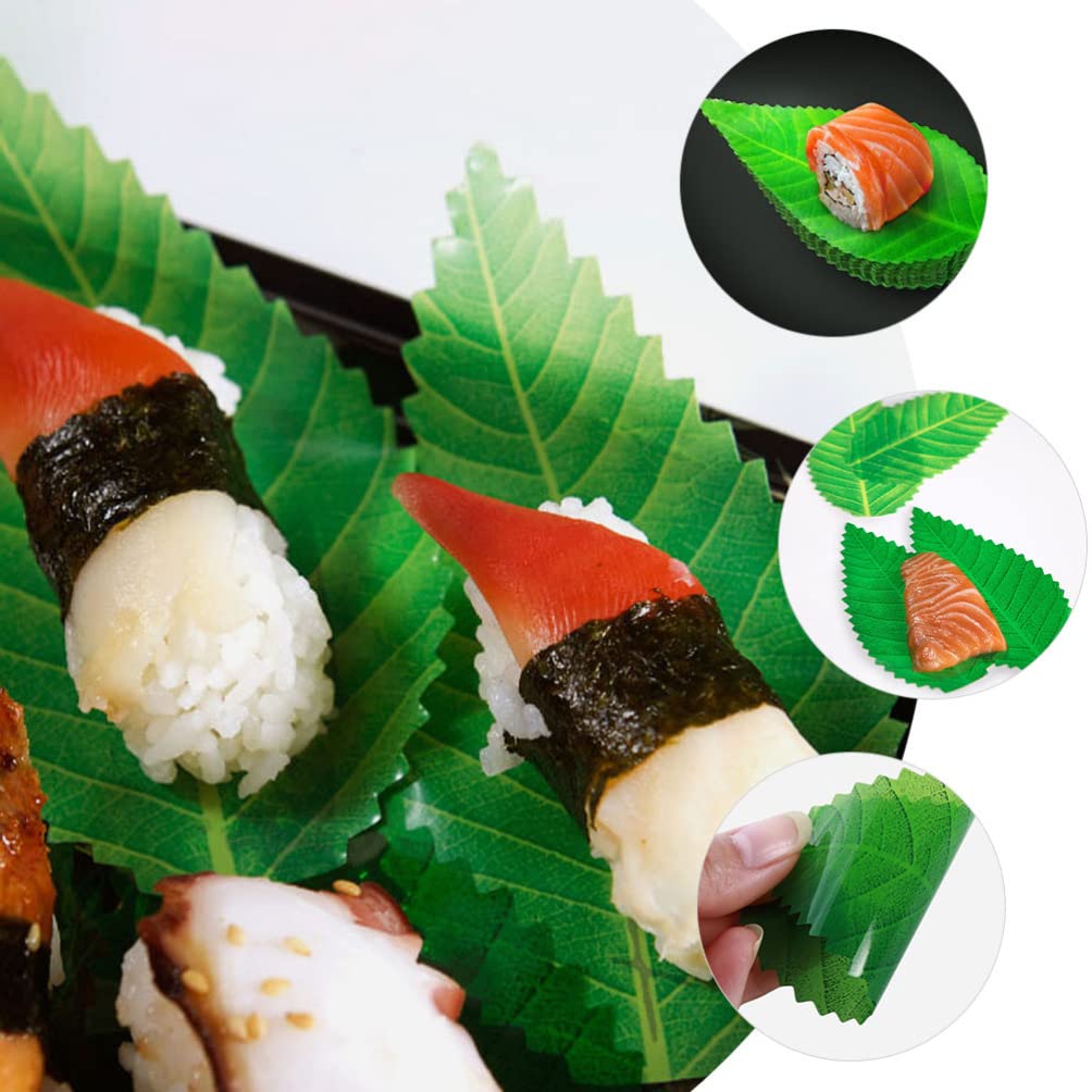 Operitacx 200pcs Artificial Leaf Sushi Plate Decoration Fake Green Leaves Sashimi Serving Tray Sushi Dish Platter Ornaments for Japanese Restaurant Decor