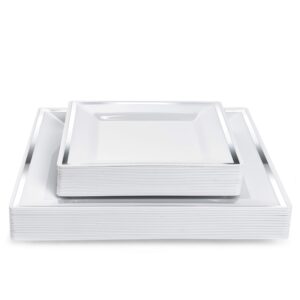 matana 40 fancy white plastic plates for party with silver rim - heavy duty square dinner plates 9.5" inch x 20, salad & dessert plates 6.5" inch x 20 for wedding reception, birthday parties & events
