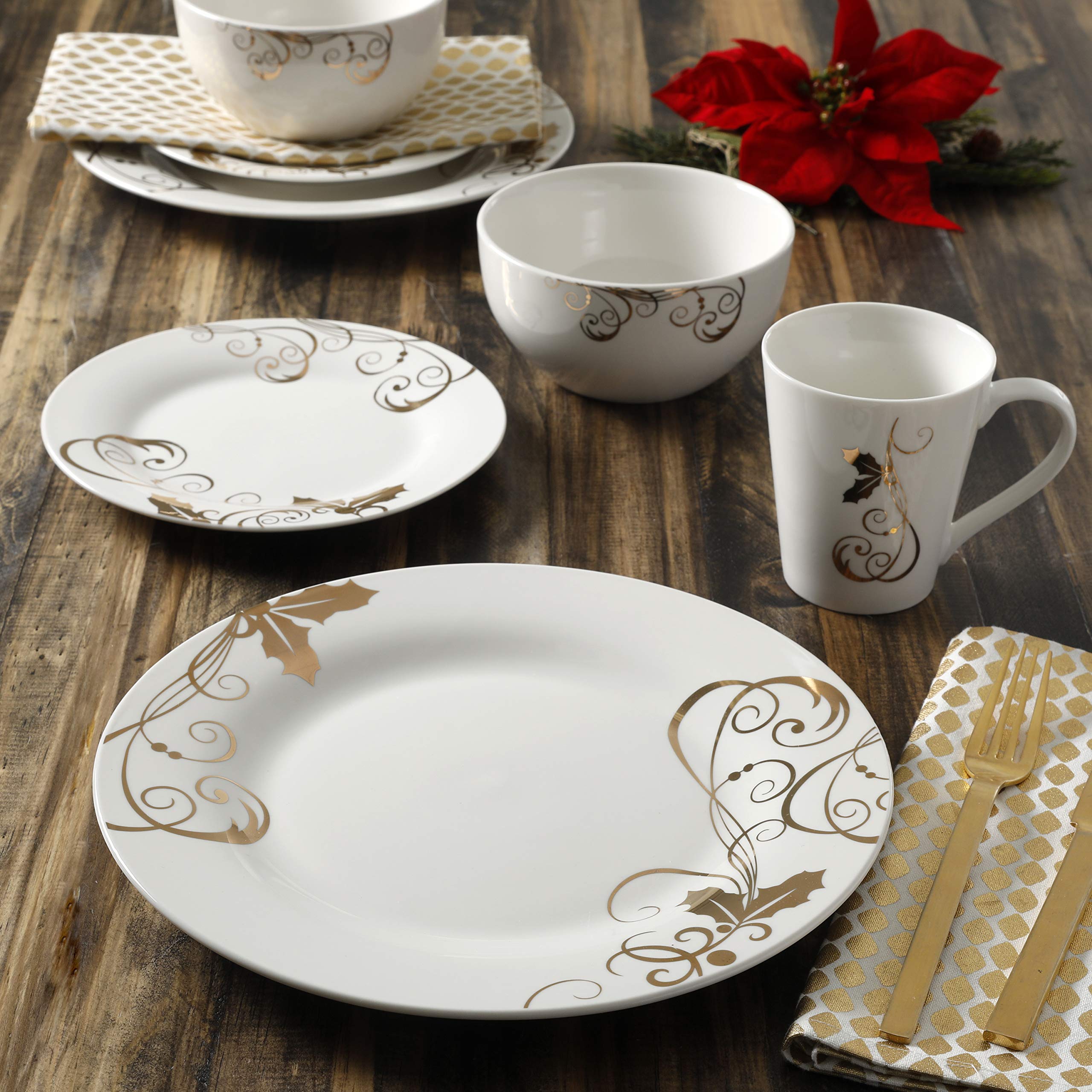 Gibson Home Seasonal Gold Dinnerware Set, Service for 4 (16pcs), White/Gold