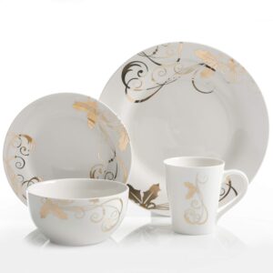 Gibson Home Seasonal Gold Dinnerware Set, Service for 4 (16pcs), White/Gold