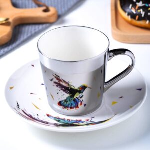 acgrade mirror cup,mirror reflection coffee mug,mirror coffee cup,specular reflection flower, ceramic mug and saucers set,with spoon 250ml, silver bird, 17*8cm