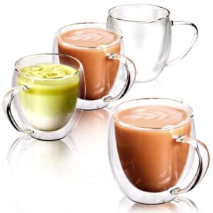 ezoware set of 4 double wall coffee mug set, 8oz clear glass thermal insulated cups with handles for hot or cold beverages, espresso, coffee, tea, cocoa, latte, cappuccino