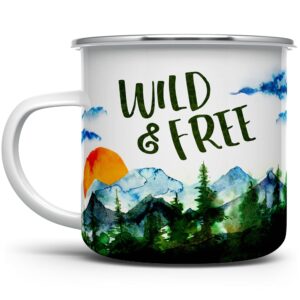 wild and free enamel campfire mug, outdoor adventure enthusiast camping coffee cup, wanderlust mountain nature hiking camp lover gift (12oz)