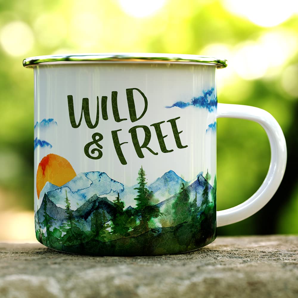 Wild and Free Enamel Campfire Mug, Outdoor Adventure Enthusiast Camping Coffee Cup, Wanderlust Mountain Nature Hiking Camp Lover Gift (12oz)