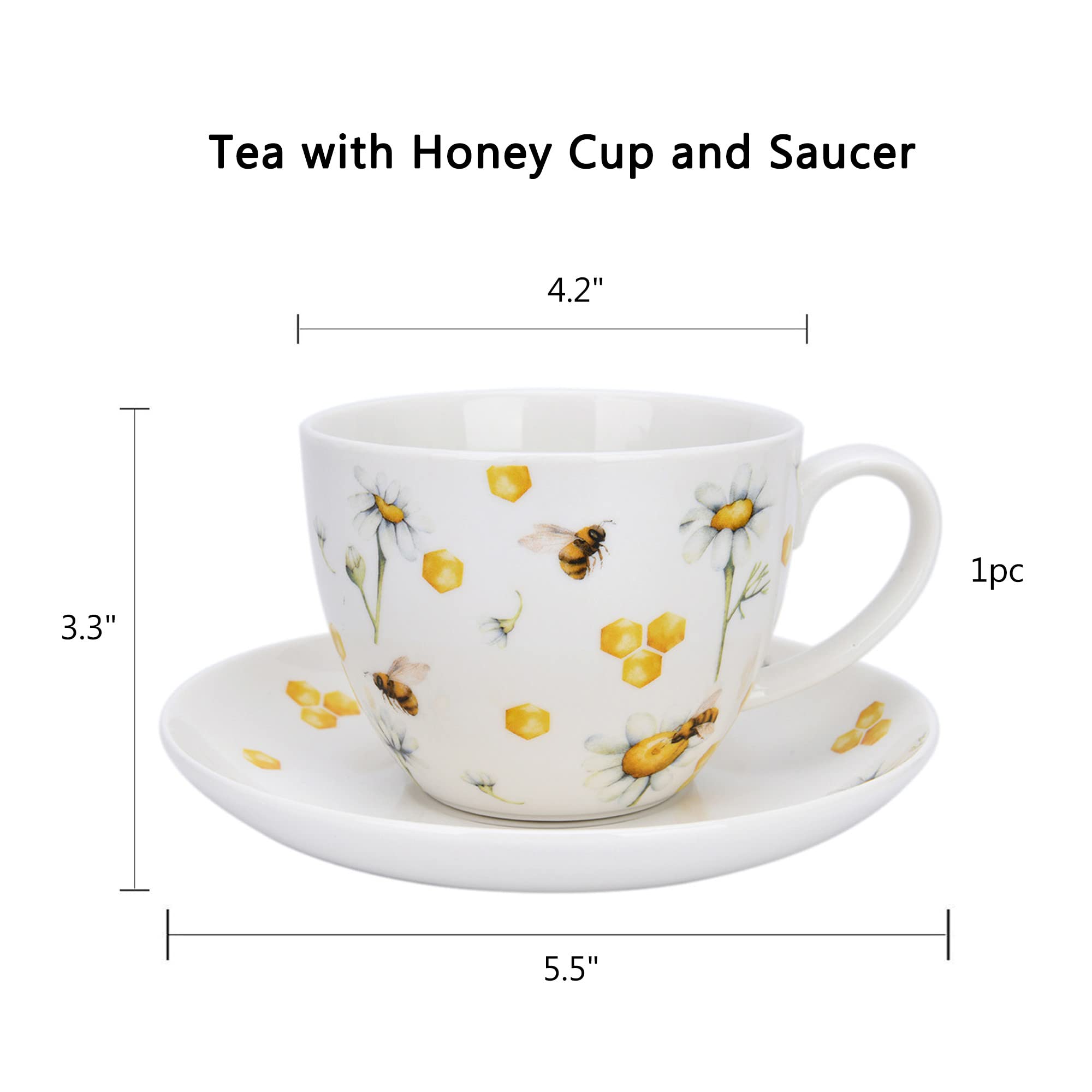STP GOODS Bone China Kitchen Teacups Tea with Honey Cup and Saucer 15.2 fl oz (450 ml) Pretty Tea Cup with Matching Saucer Christmas Mugs