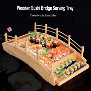 WINIAER Wooden Arch Bridge Sushi Boat Serving Tray, Sushi Bridge Serving Plate Sushi Tray Serving Boat Plate Food Platter for Restaurant or Home (38 x 19 x 13cm / 14.9 x 7.4 x 5.1inch)